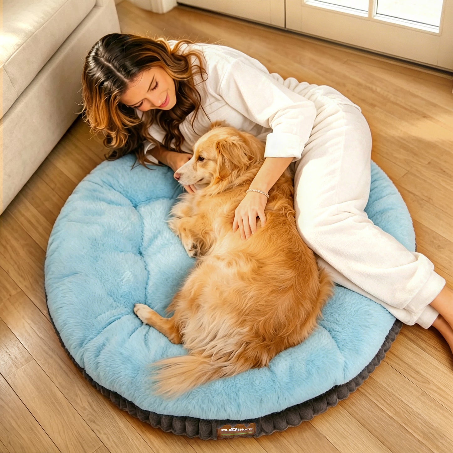Orthopedic Round Double-Layer Plush Ice Blue Dog Bed